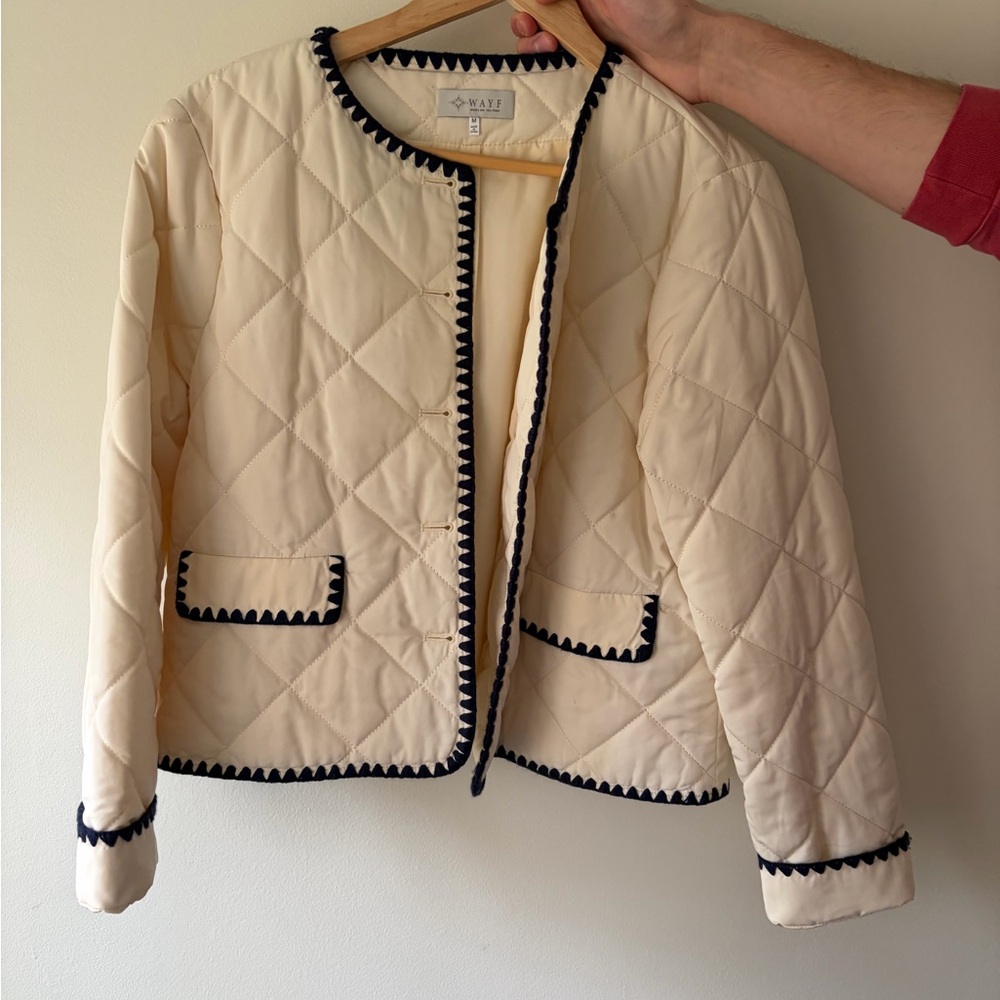 Wayf Cream Quilted Jacket with Black Trim